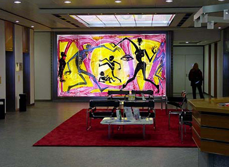 Familie, Glasmalerei, 3 x 5 m, Mayersche Hofkunstanstalt München, Besitzer: Signal Iduna, Hamburg, 1994